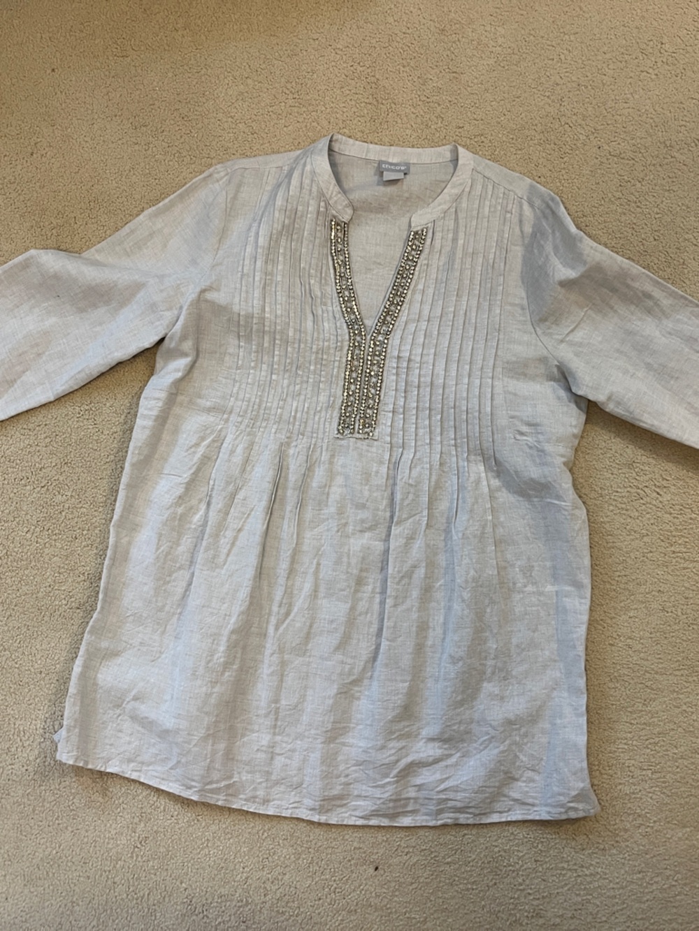 Chico's Light Gray Embellished Pintuck Linen Tunic